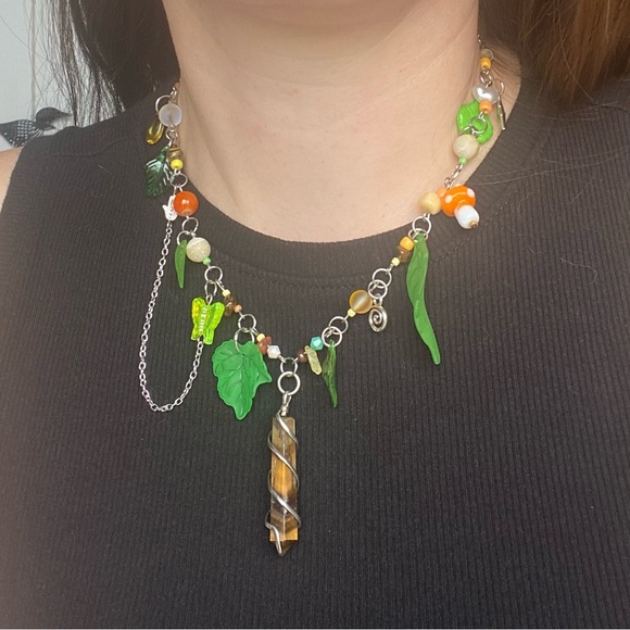 Greenwood Fairy Beaded Charm Pendant Necklace Leaves Tiger’s Eye Butterfly Chain - Picture 8 of 8